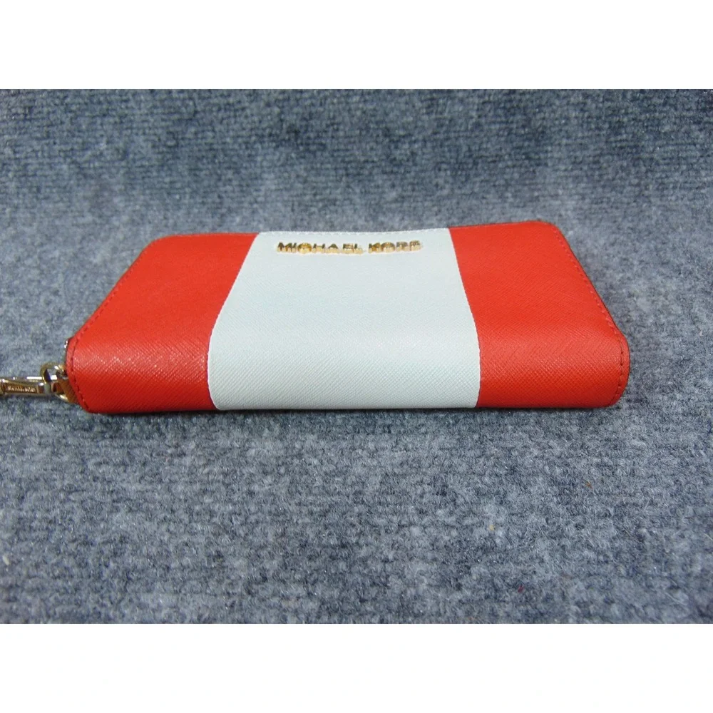 Michael Kors Orange White Stripe Zip Around Wristlet Wallet Clutch Gold Hardware - Picture 8 of 15